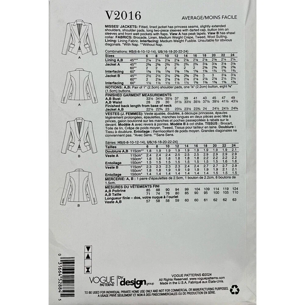 Pattern Misses Sz H5 6-14 Fitted Lined Jackets Vogue V2016 New/Uncut